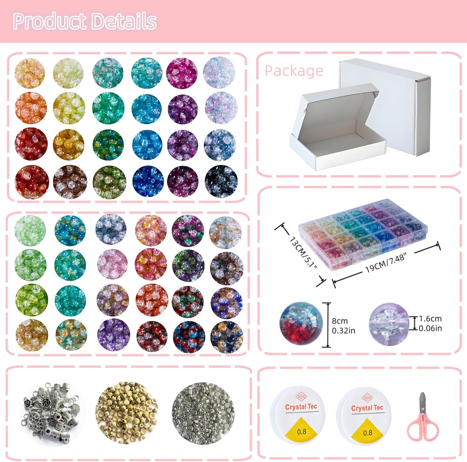 1300PCS 8mm Mixed Crackle Glass Beads for Bracelets Making with Accessories, 48 Colors Crystal Glass Beads Jewelry Making Kit, Round Beads for DIY Bracelet Crafts - Image 2