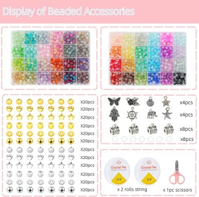 1300PCS 8mm Mixed Crackle Glass Beads for Bracelets Making with Accessories, 48 Colors Crystal Glass Beads Jewelry Making Kit, Round Beads for DIY Bracelet Crafts - Image 3