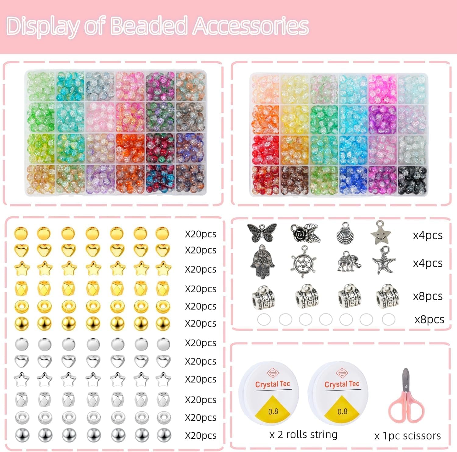 1300PCS 8mm Mixed Crackle Glass Beads for Bracelets Making with Accessories, 48 Colors Crystal Glass Beads Jewelry Making Kit, Round Beads for DIY Bracelet Crafts - Image 3