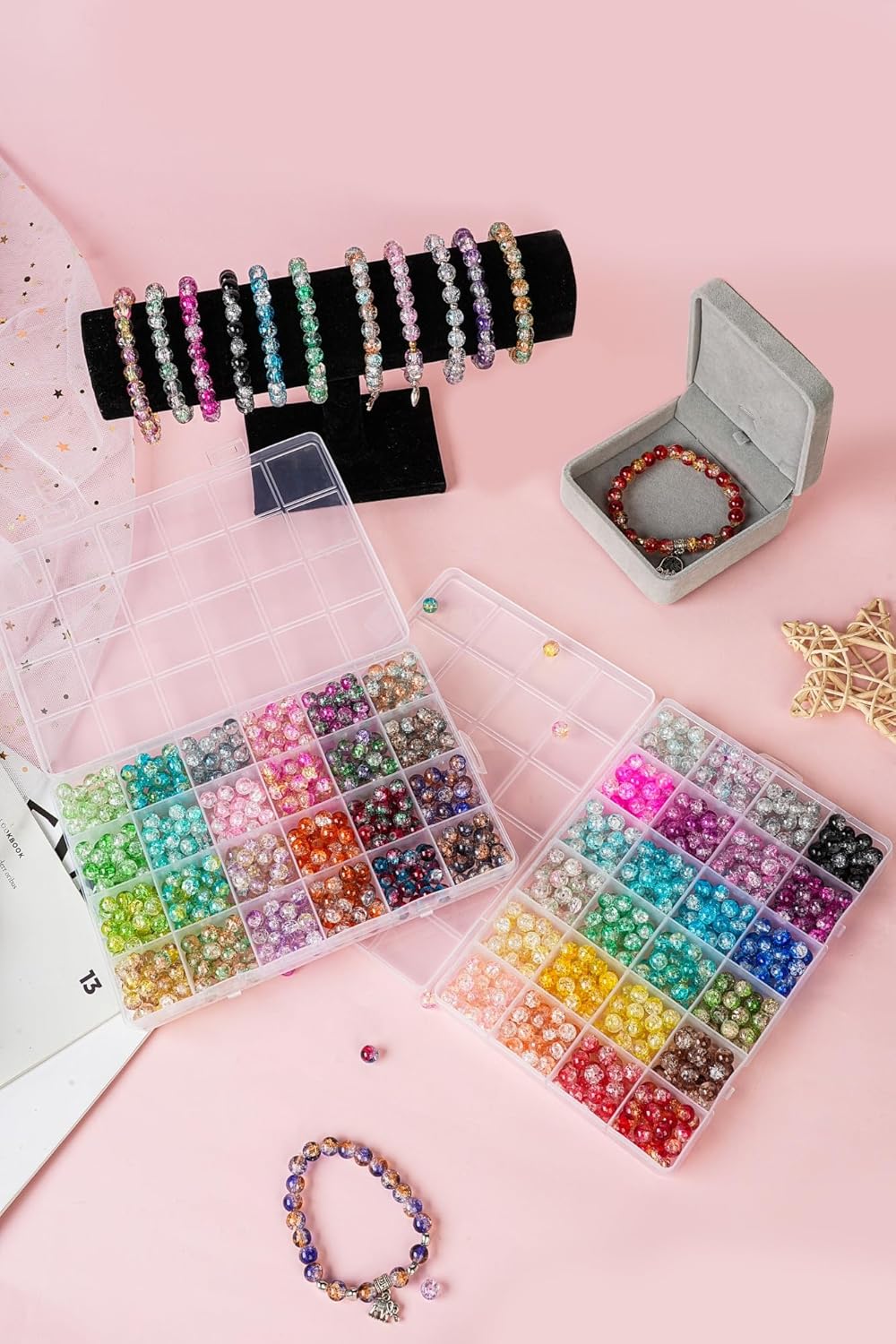 1300PCS 8mm Mixed Crackle Glass Beads for Bracelets Making with Accessories, 48 Colors Crystal Glass Beads Jewelry Making Kit, Round Beads for DIY Bracelet Crafts - Image 4
