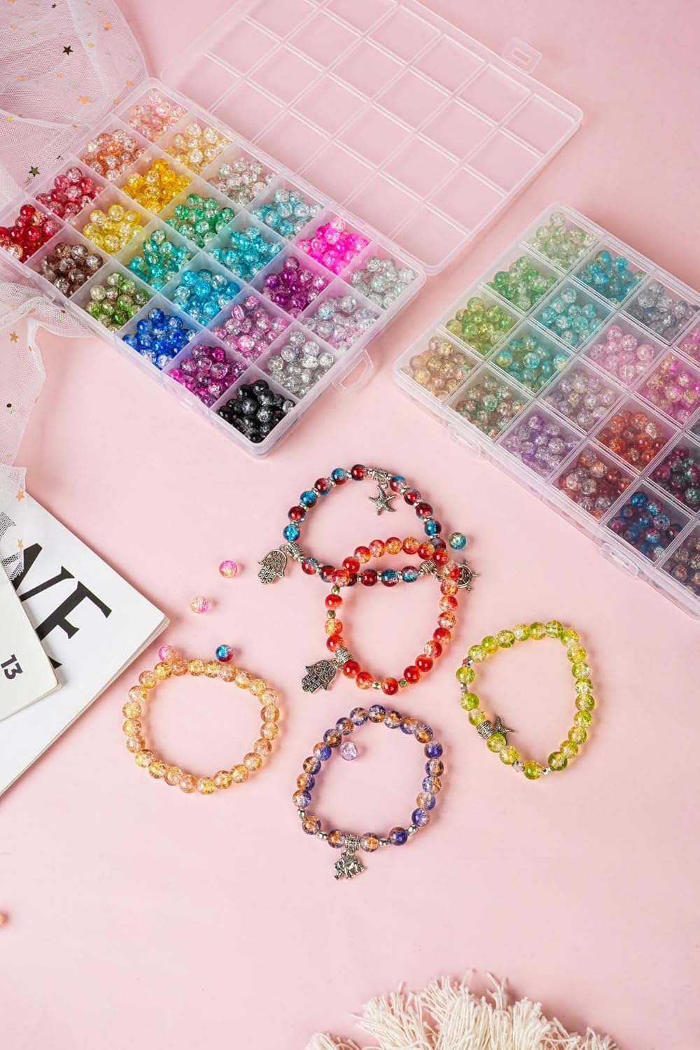 1300PCS 8mm Mixed Crackle Glass Beads for Bracelets Making with Accessories, 48 Colors Crystal Glass Beads Jewelry Making Kit, Round Beads for DIY Bracelet Crafts - Image 5