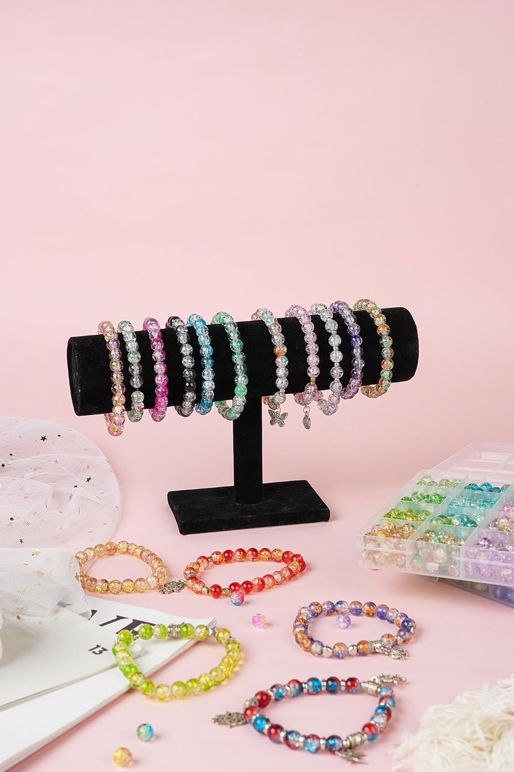 1300PCS 8mm Mixed Crackle Glass Beads for Bracelets Making with Accessories, 48 Colors Crystal Glass Beads Jewelry Making Kit, Round Beads for DIY Bracelet Crafts - Image 7