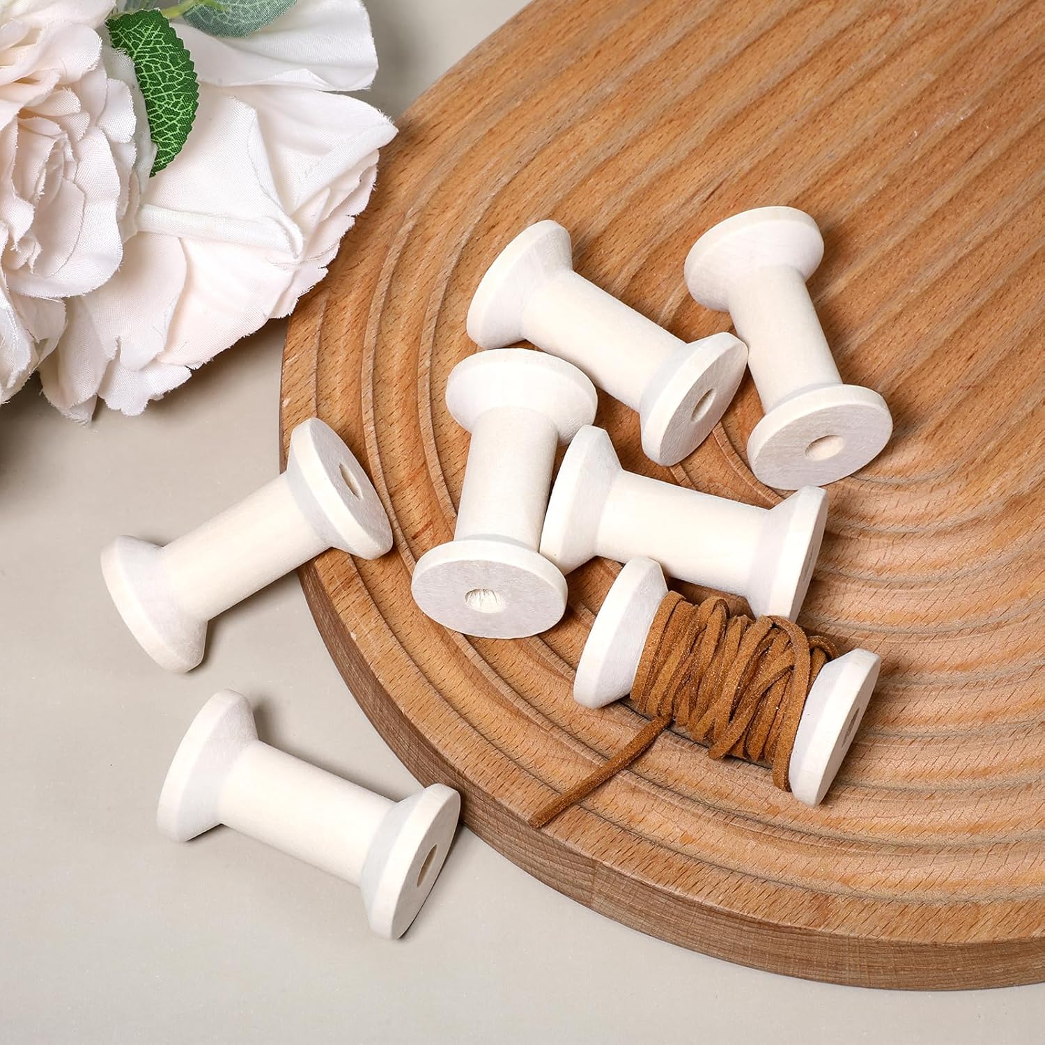 8 Pcs Unfinished Wooden Barrel Spools for Crafts 2 Inch Empty Natural Wood Thread Spools Barrel Textile Bobbin Antique Natural Wood Thread Spool for Organizing Cord Twine Ribbon Chains Elastic Threads - Image 6
