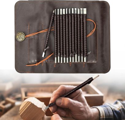 awliye 12 Pcs Stone Carving Tool, Tungsten Steel Soapstone Carving Kit Metal Hand Engraving Set with Portable Leather Bag for Slate, Wood, Soft Limestone, Lapis Lazuli, Bamboo