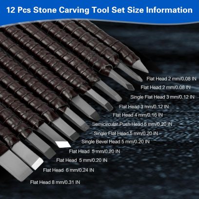awliye 12 Pcs Stone Carving Tool, Tungsten Steel Soapstone Carving Kit Metal Hand Engraving Set with Portable Leather Bag for Slate, Wood, Soft Limestone, Lapis Lazuli, Bamboo - Image 3