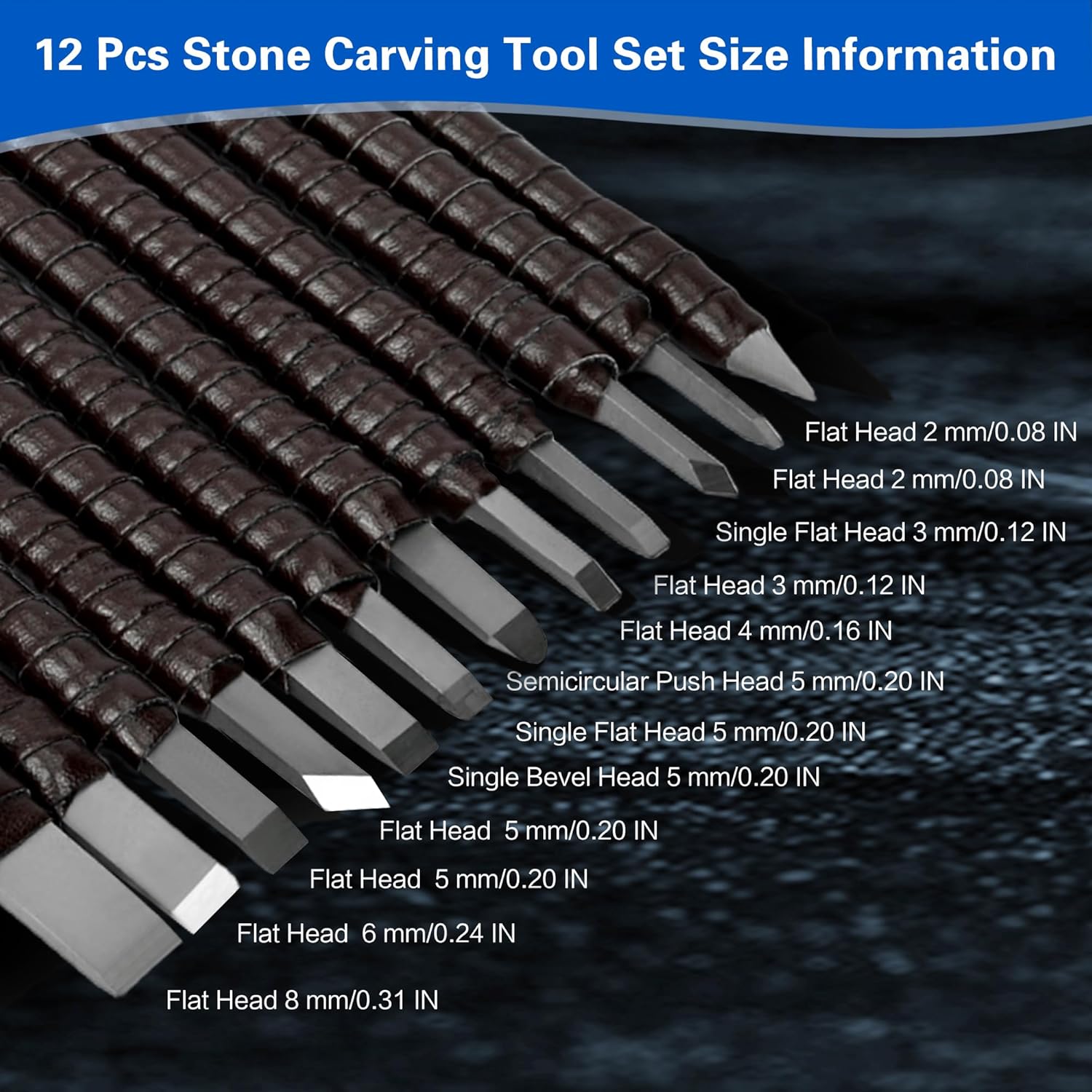 awliye 12 Pcs Stone Carving Tool, Tungsten Steel Soapstone Carving Kit Metal Hand Engraving Set with Portable Leather Bag for Slate, Wood, Soft Limestone, Lapis Lazuli, Bamboo - Image 3