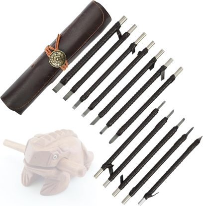 awliye 12 Pcs Stone Carving Tool, Tungsten Steel Soapstone Carving Kit Metal Hand Engraving Set with Portable Leather Bag for Slate, Wood, Soft Limestone, Lapis Lazuli, Bamboo - Image 8