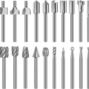 Wood Carving Bits Engraving Router Bit, 20pcs HSS Different Rotary Burr Set with 1/8"(3mm) Shank for Rotary Tools for DIY Woodworking, Carving, Drilling, Engraving, Trimming