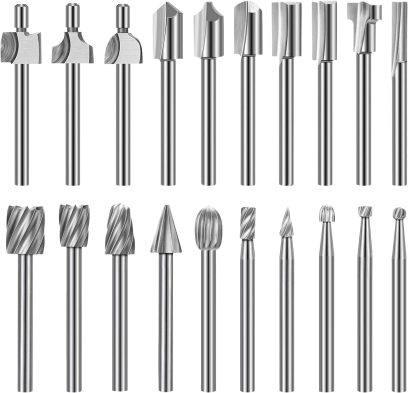 Wood Carving Bits Engraving Router Bit, 20pcs HSS Different Rotary Burr Set with 1/8"(3mm) Shank for Rotary Tools for DIY Woodworking, Carving, Drilling, Engraving, Trimming