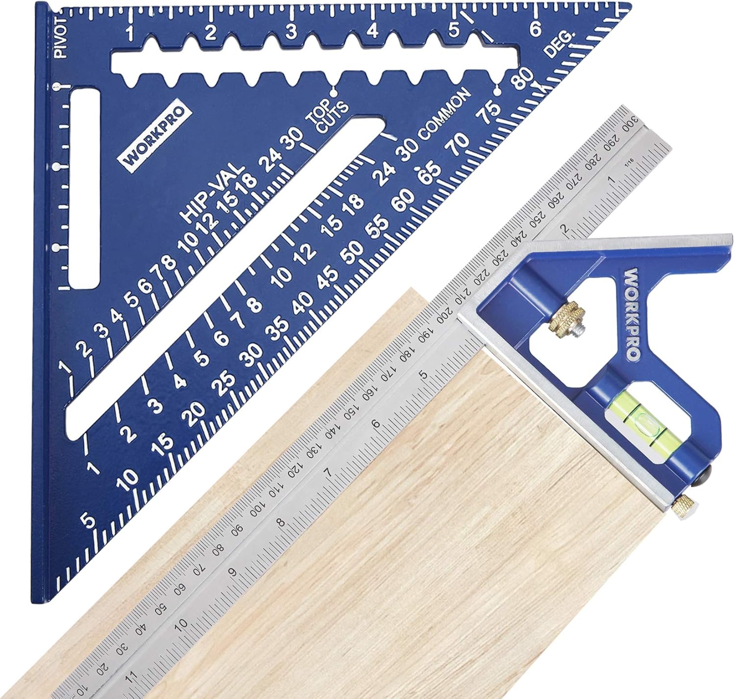 WORKPRO Aluminum Alloy Carpenter Square and Zinc-Alloy Square Ruler Set - 7 in. Rafter Layout Tool and 12 in. Combination Square Combo