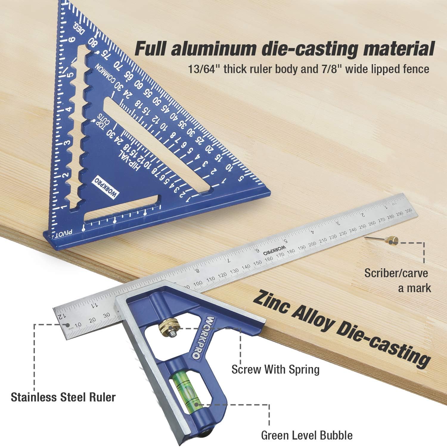 WORKPRO Aluminum Alloy Carpenter Square and Zinc-Alloy Square Ruler Set - 7 in. Rafter Layout Tool and 12 in. Combination Square Combo - Image 2