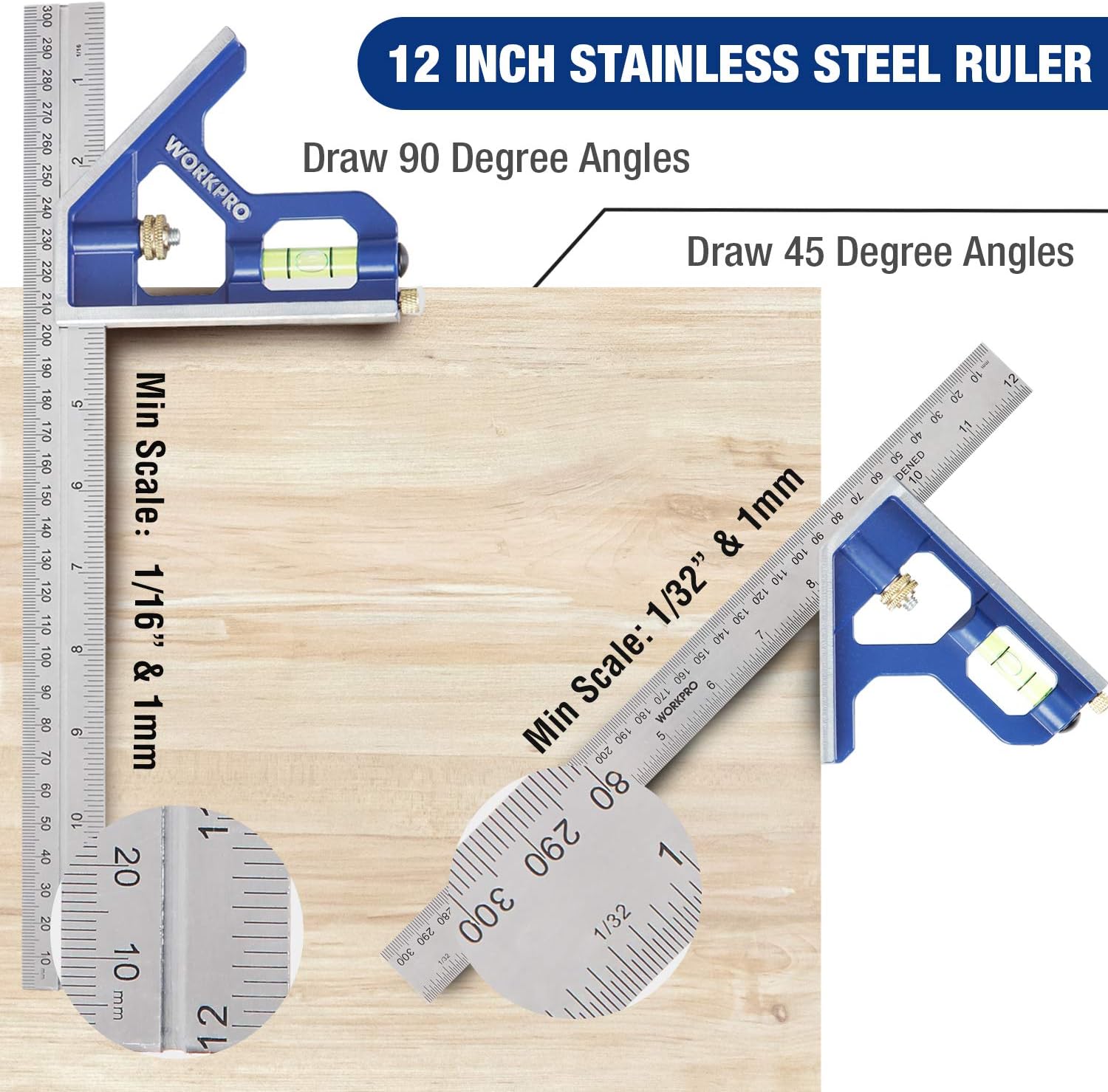WORKPRO Aluminum Alloy Carpenter Square and Zinc-Alloy Square Ruler Set - 7 in. Rafter Layout Tool and 12 in. Combination Square Combo - Image 4